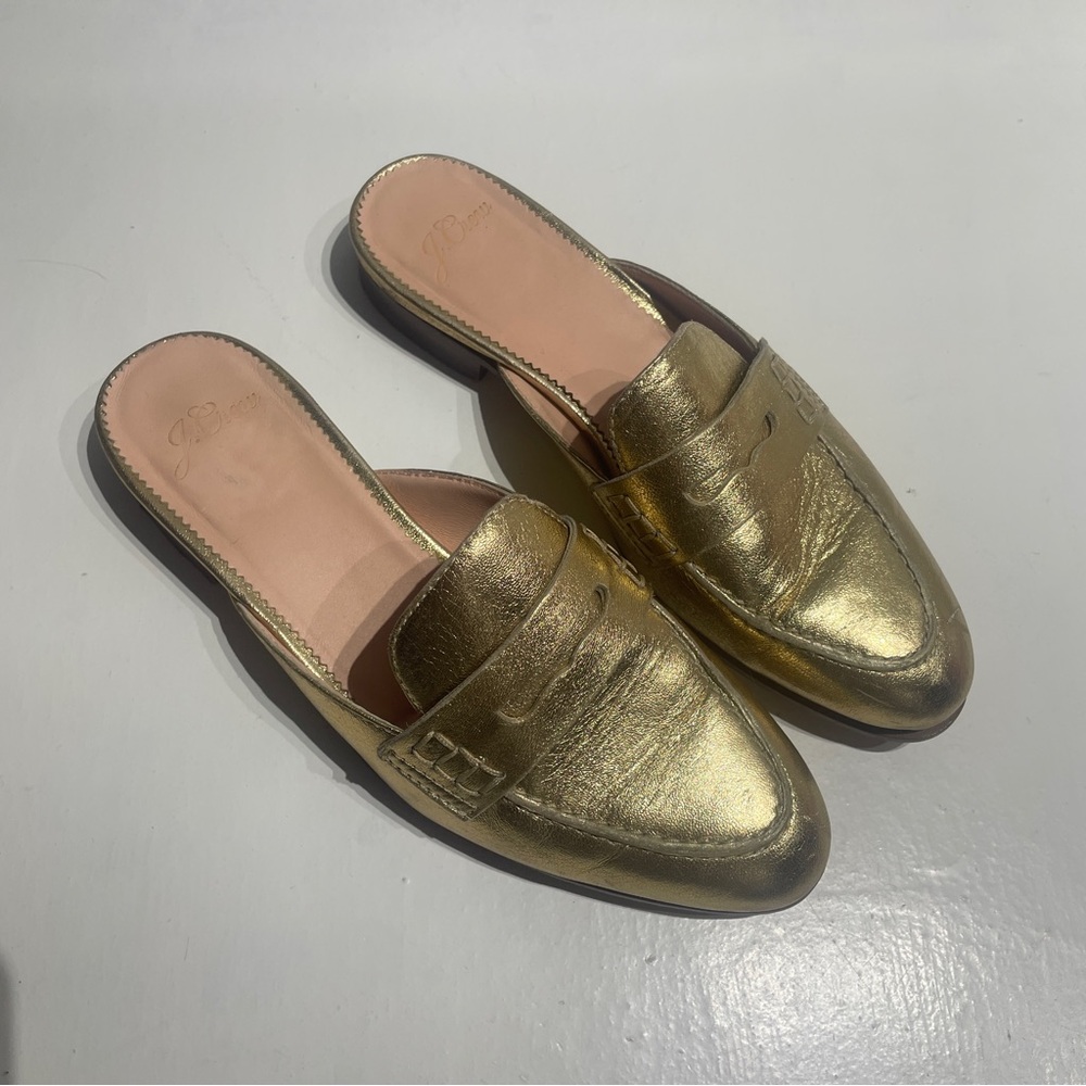JCrew Gold loafers Mules Women’s leather